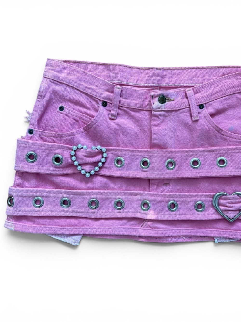 Custom Pink Denim Grommet Strap Mini Skirt with Heart Buckles